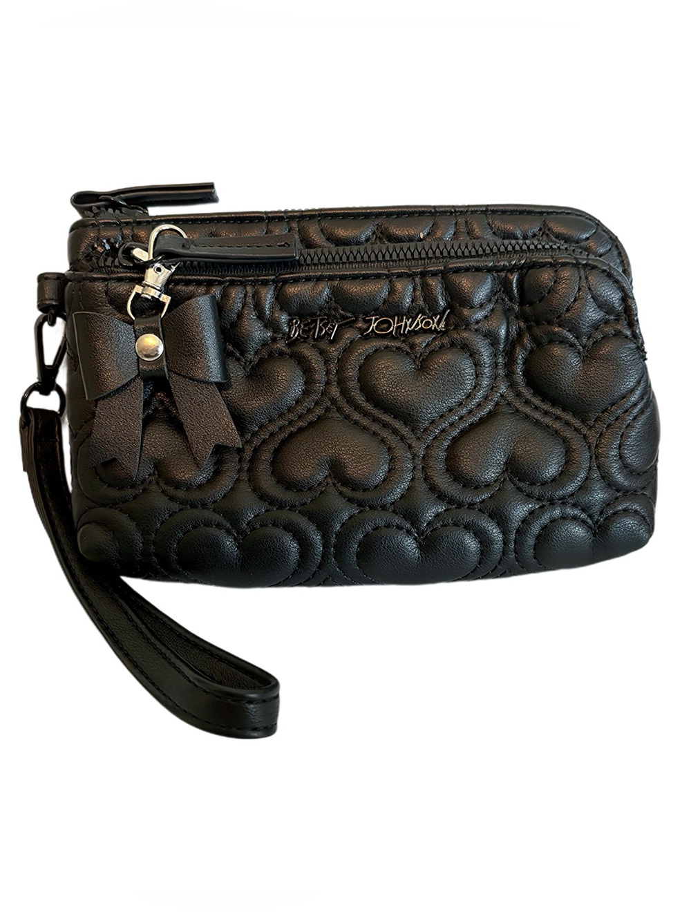 Betsey Johnson Black Quilted Heart Wristlet Clutch with Bow Charm